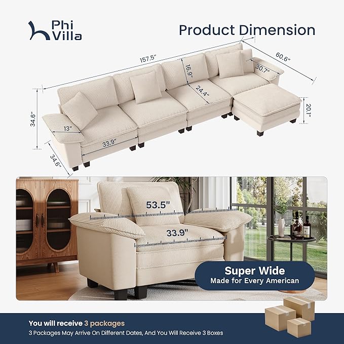 PHI VILLA Cloud Modular Couch Sets, 157.5" Sectional Sofa with L-Shaped Chaise Ottoman, 5-Seater Couches with Upholstered Deep Seat for Living Room Chenille Corduroy Dual Fabric, Beige