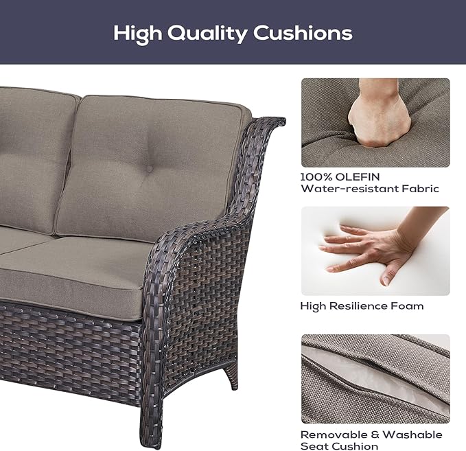 Belord Outdoor Patio Furniture Set with Propane Fire Pit Table, 7 Pieces Wicker Patio Conversation Set with 2 Swivel Glider Rocker Chair Rattan Sofa Grey Cushion Perfect for Casual Gathering