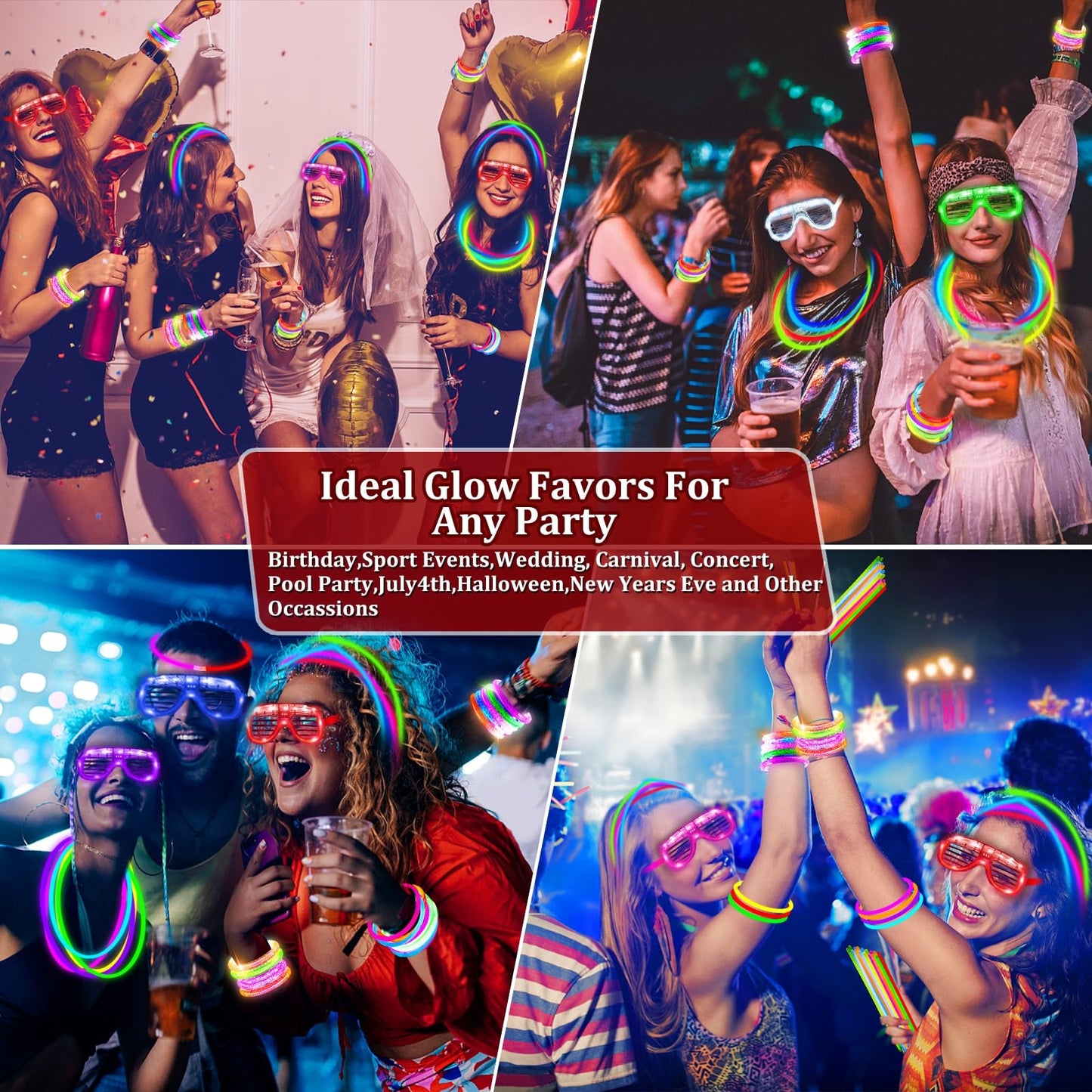 TURNMEON 148 PCS Glow in the Dark Party Supplies Light Up Toys with 24 Led Glasses, 24 Flashing Bracelets and 100 Glow Sticks Bulk Party Favors for Kid Birthday Wedding Carnivals Concert Halloween