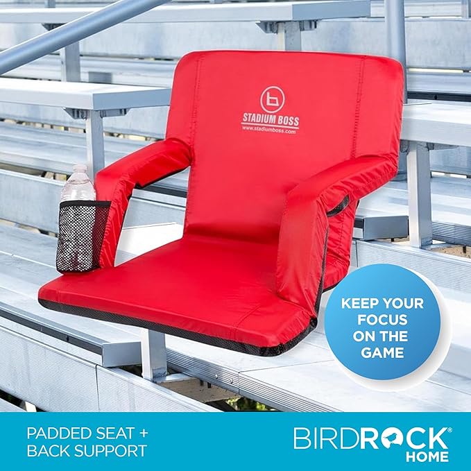 Stadium Boss Recliner Stadium Seat for Bleachers, Benches, Lawns, Backyard, Camping & Beach – Padded Sport Chair, Cushion Backs & Armrest – 6 Reclining Positions – Portable Carry Straps – Red