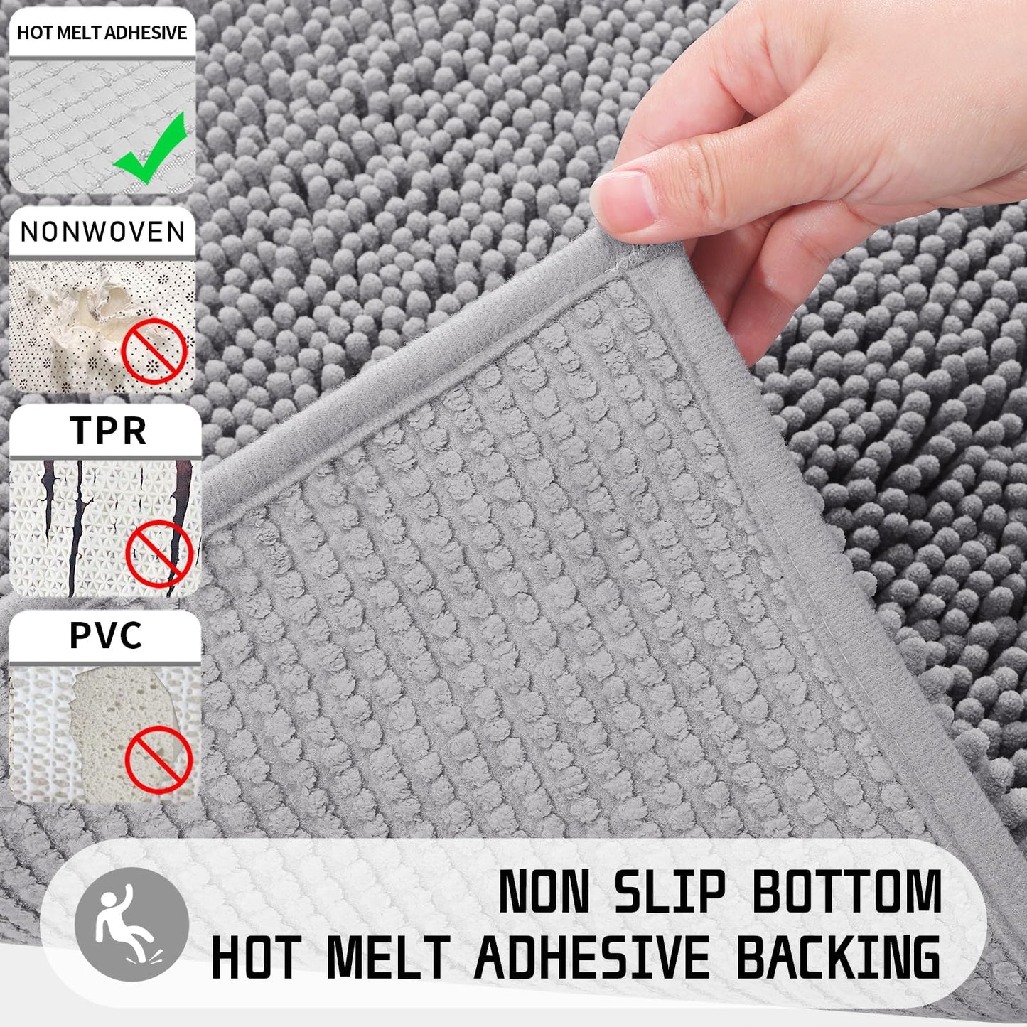 Yimobra Chenille Bathroom Rugs - 24"x17" Super Luxury Soft & Absorbent Quick Dry - Non Slip Bath Mat for Tub Shower - Machine Washable - Gray