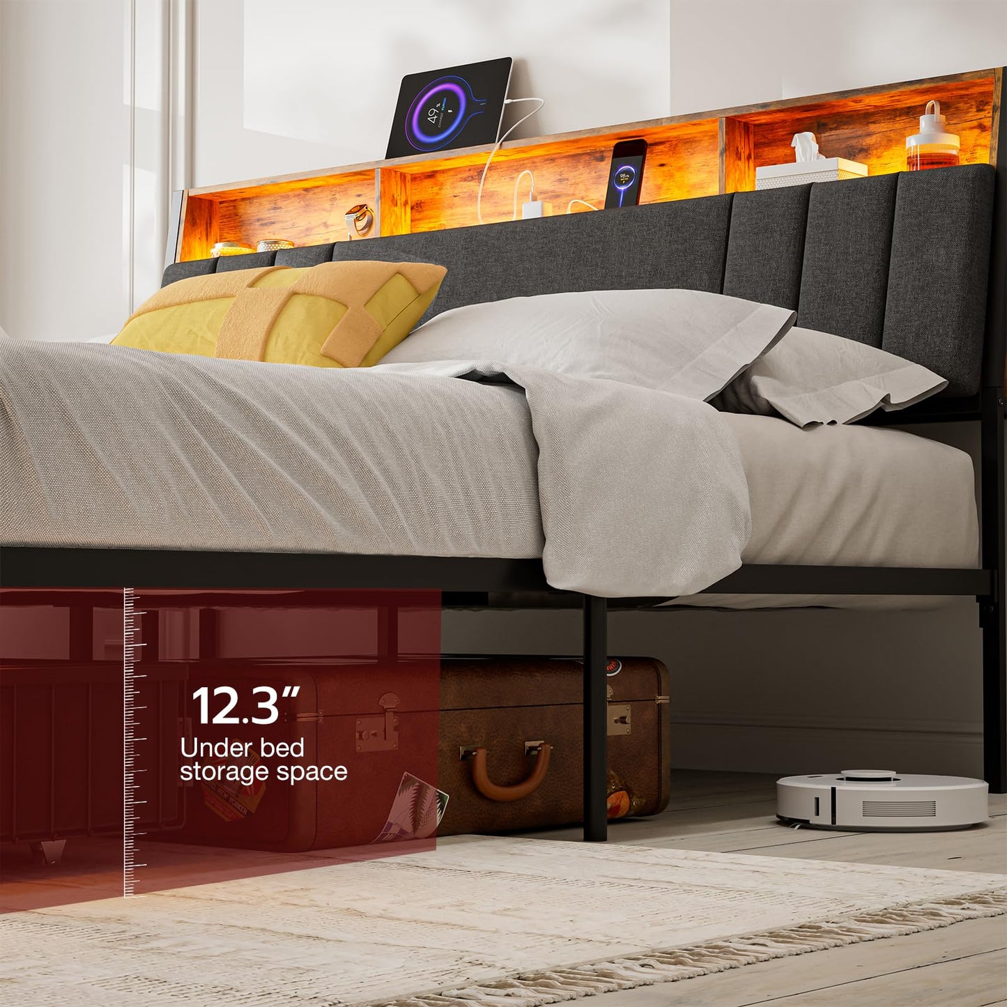 AOVSA Queen Bed Frame with Ergonomic Hidden Storage headboard & Dustproof Drawers, Upholstered Platform Bed with LED Lights and Charging Station, Easy Assembly, No Box Spring Needed, Dark Grey