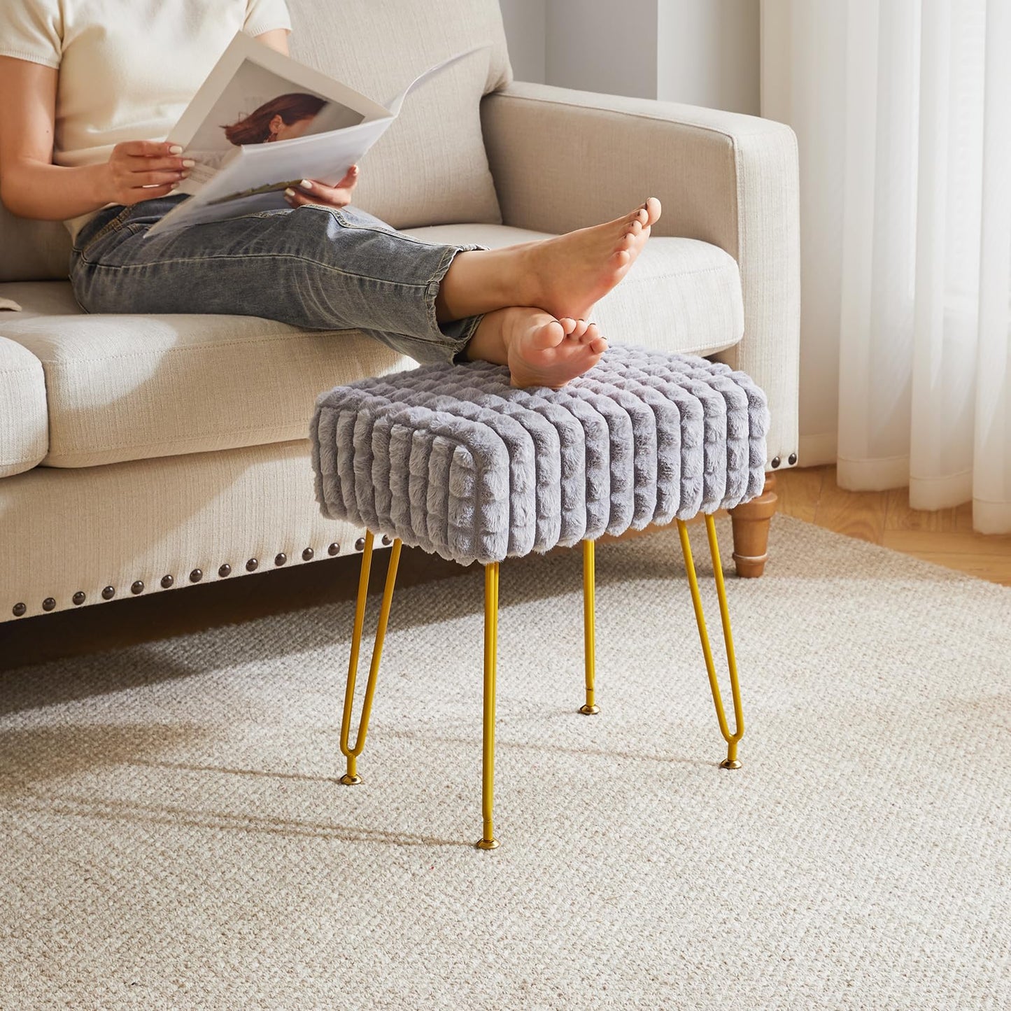 IBUYKE Rectangular Footrest Stool Ottoman, Makeup Vanity Stool Side Table, Velvet Dressing Table Seat, Footstool Chair, Golden Steel Legs, for Makeup Room, Bedroom, Square Grid Pattern, Grey WBD003G