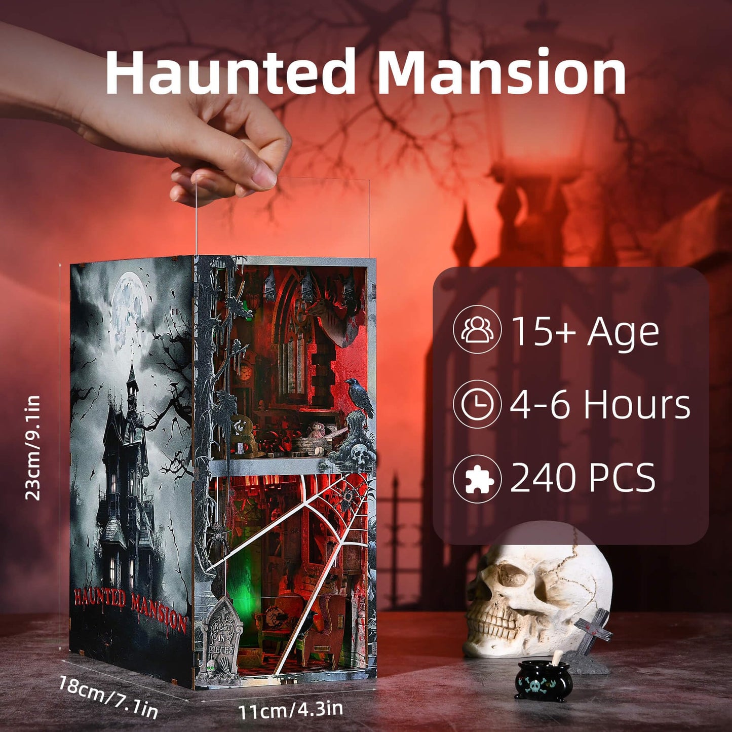 fifijoy Haunted Horror Book Nook Kit, DIY Miniature Dollhouse Halloween Booknook Kit, Spooky Creepy Scary 3D Wooden Puzzle Bookend Bookshelf Insert Decor with LED Light (Haunted Mansion)