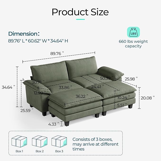 LINSY HOME Modular Sectional Sofa - Oversized Corduroy Cloud Couch with Movable Ottoman Soft Modern Comfy Sofa Set for Living Room Apartment Office, Green