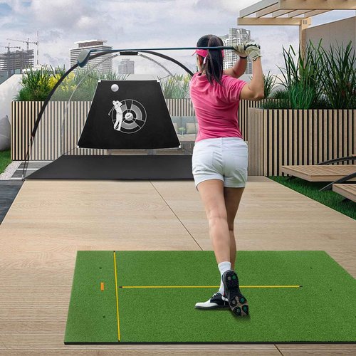 GYMAX Golf Mat, Artificial Turf Golf Hitting Mat w/ 2 Alignment Sticks & 2 Rubber Tees, Thick Golf Practice Mat Training Aid for Backyard, Golf Chipping Swing Mat for Indoor/Outdoor (5 x 3 ft, 32 mm)
