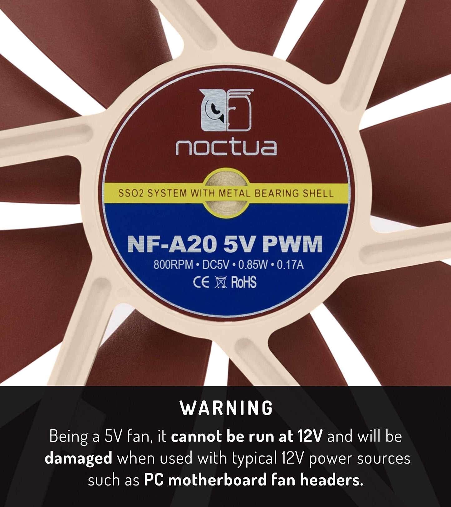 Noctua Nf-A20 5V Pwm, Premium Quiet Fan With Usb Power Adaptor Cable, 4-Pin, 5V Version (200X30Mm, Brown)