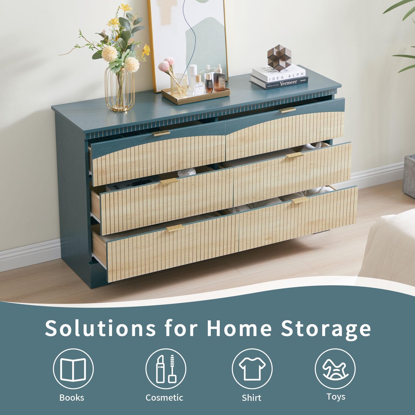Janmer Home Fluted 6 Drawers Dresser for Bedroom, Mid Century Modern Dresser for Closet & Chest of Drawers, 54 Inch Wood Large Drawer TV Stand for Living Room (Teal, 6 Drawer)