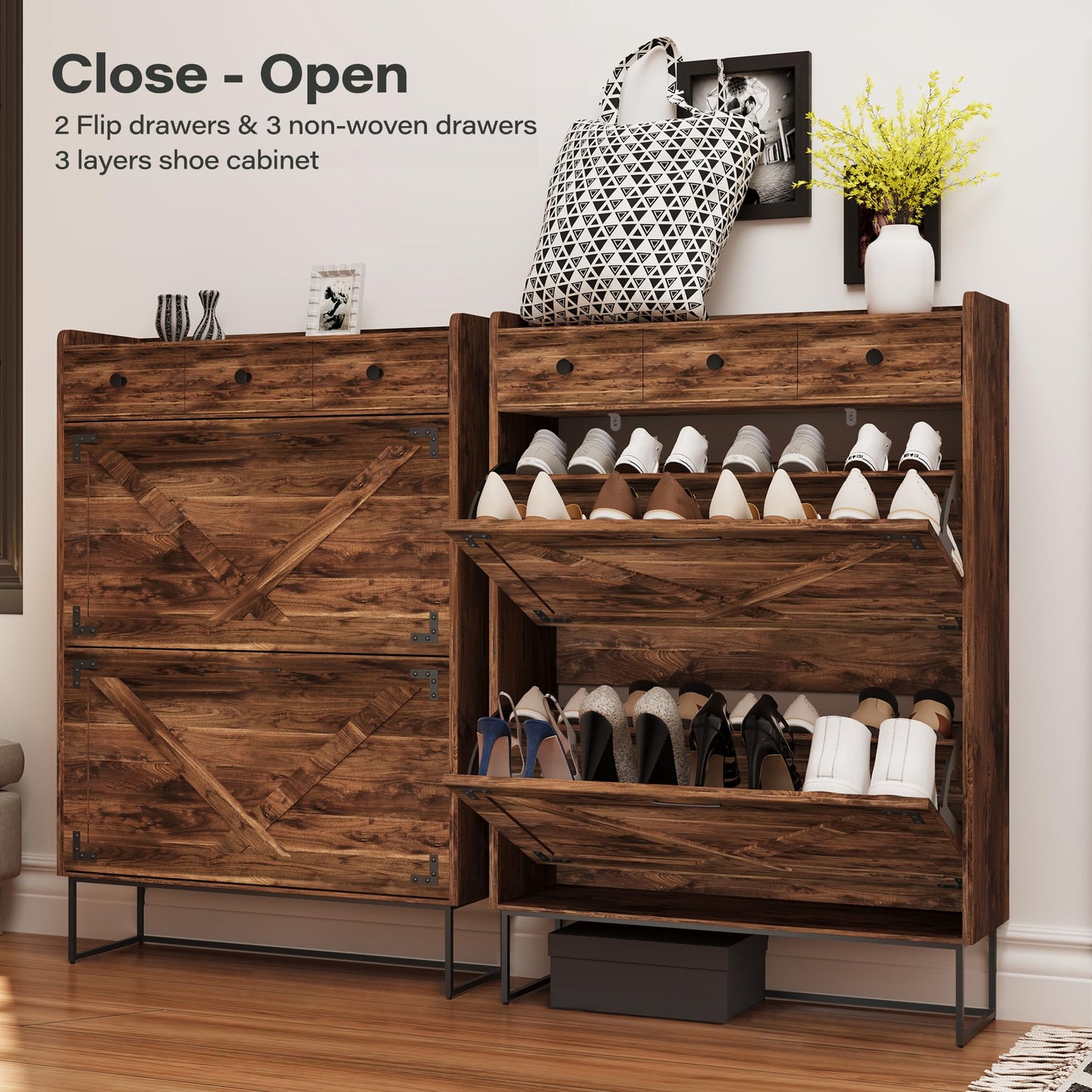LAUSAINT HOME Shoe Storage Cabinet with 2 Flip Drawers & 3 Drawers for Entryway, Freestanding Hidden Shoe Organizer with Metal Legs, Slim Narrow Shoe Rack Cabinet, Rustic Brown
