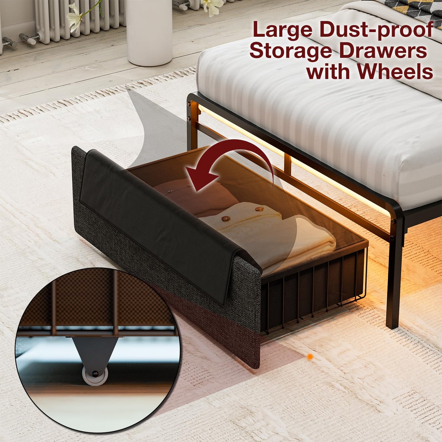 IKIFLY Twin XL Bed Frames with Ergonomic Hidden Storage Headboard & Dustproof Storage Drawer, Upholstered Twin XL Platform Bed with Charging Station and LED Lights, No Box Spring Needed, Dark Grey