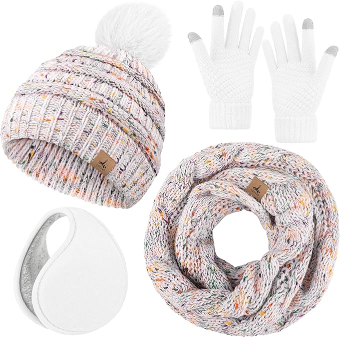 Winter Hat Scarf Gloves and Ear Warmer, Warm Knit Beanie Hat Touch Screen Gloves Set Winter Gifts Neck Scarves for Women