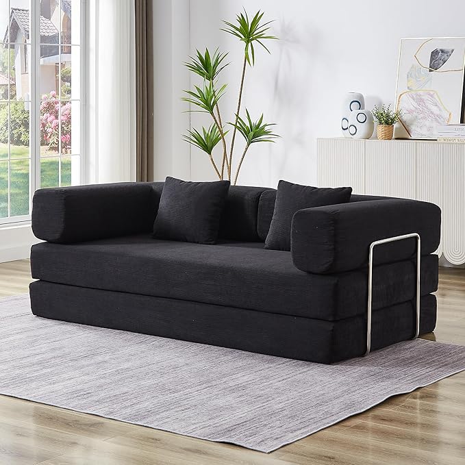 Convertible Couch Sofa Bed Foldable Floor Sleeper | All High-Density Foam | Fold Out Deep Seat Couch | King Size | Compression Sofa Sleeper for Living Room, Bedroom | Corduroy Black