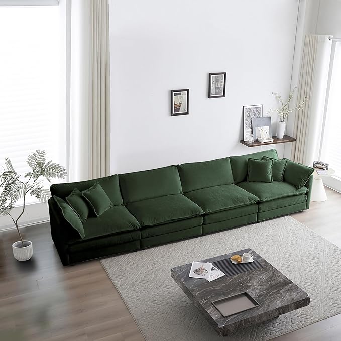 mikibama Luxury Modular Sectional Sofa, 146.5" Modern Chenille Comfy Cloud Couches for Living Room Office, 4 Seater Deep Sofa with 2 Armrest Pillows and 4 Toss Pillows, Evergreen