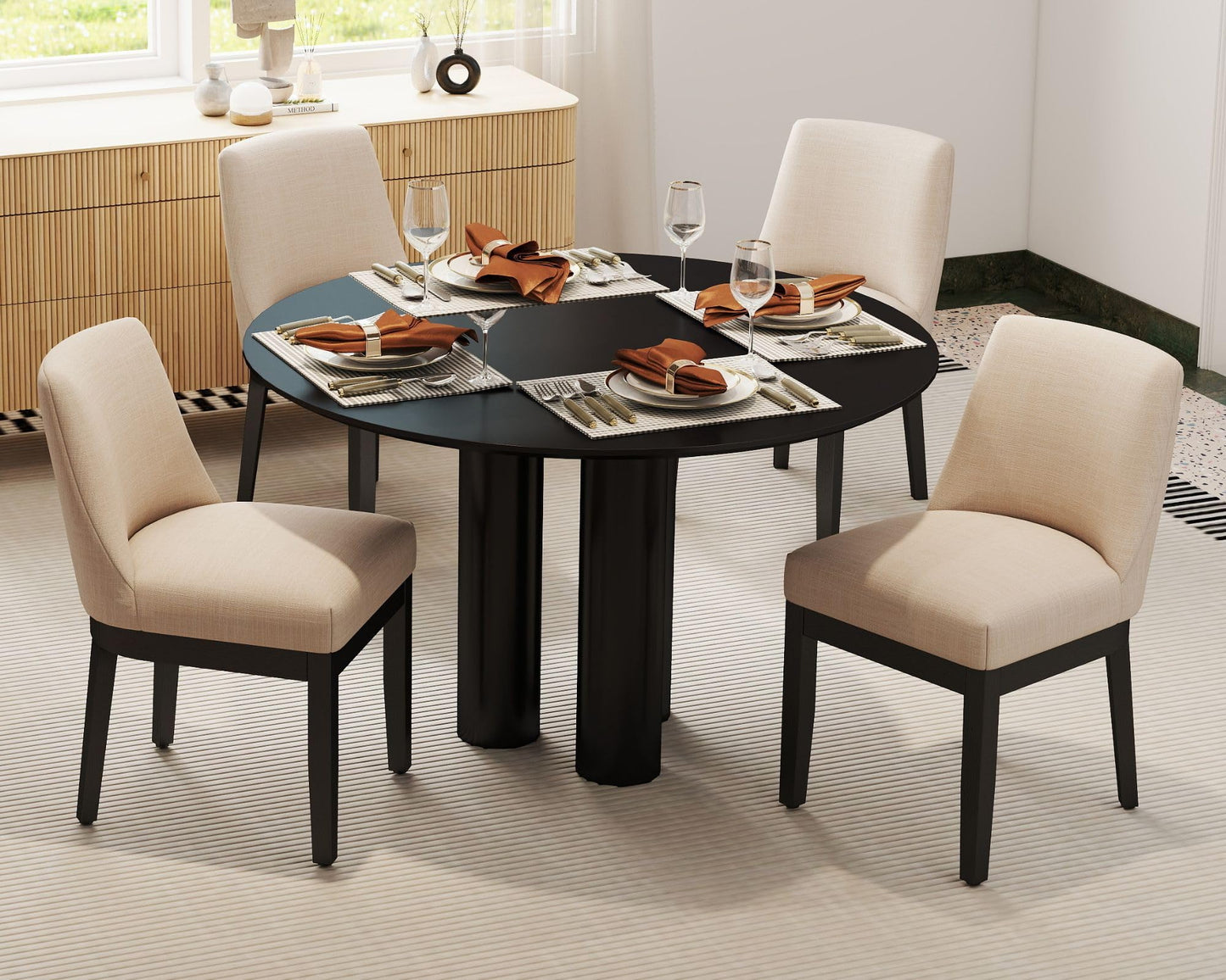 HNY Kitchen & Dining Room Chairs Set of 4, Modern Farmhouse Beige Linen Upholstered Dining Kitchen Chairs with Black Wood Legs, 18’’ Wide Armless Accent Side Chair for Dining Room Living Room