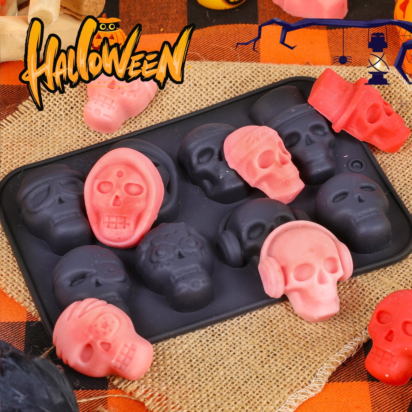 Halloween Silicone Molds, Skull Molds for Baking Chocolate Skull Gummy Molds for Candy, Jelly, Ice Cube, Crayon, Soap Pack of 2