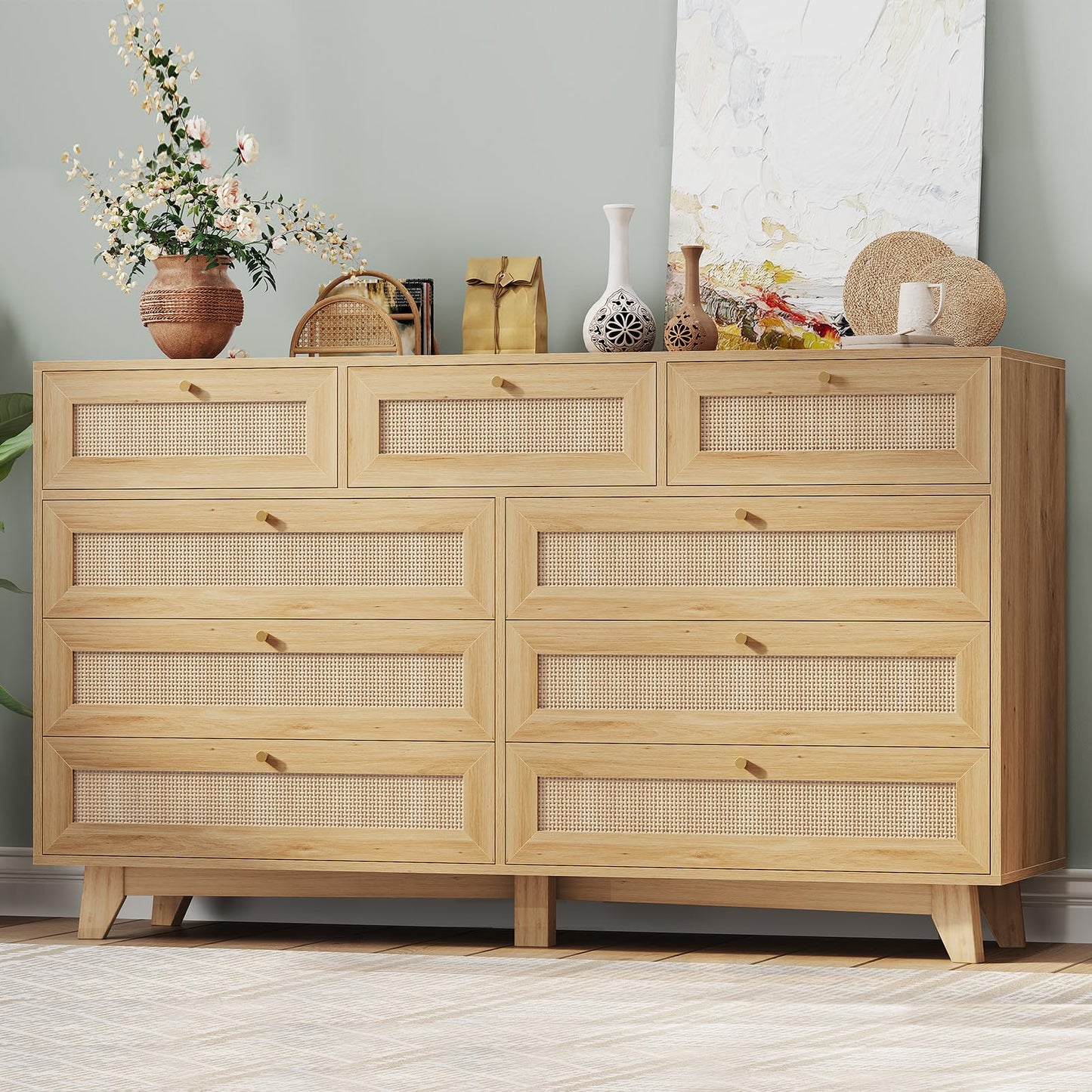 AOGLLATI Rattan Dresser for Bedroom with 9 Drawer, Modern Wooden Long Bedroom Dresser, Chest of Drawers with Metal Handle & Solid Wood Legs for Bedroom/Living Room, Wood