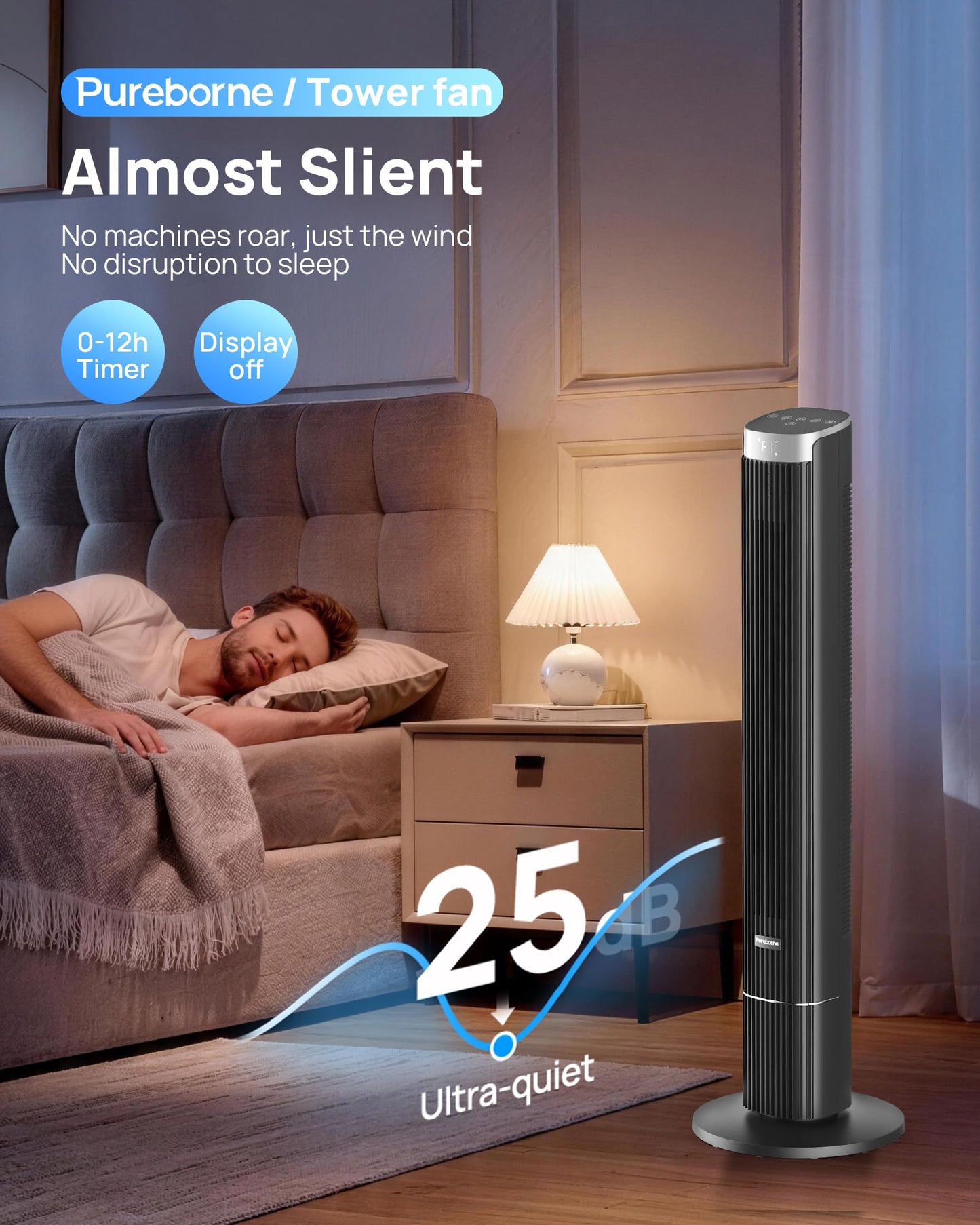 Pureborne 42-Inch Smart Tower Fan, 25dB Ultra-Quiet, 90° Oscillating Standing Fan, App & Voice Control, Remote, 4 Speeds, 4 Modes, 12H Timer, Floor Fan for Bedroom, Office, Black, 1 Pack