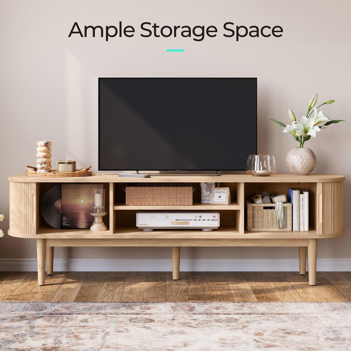 LINSY HOME 70" Fluted TV Stand for TVs up to 80 Inch, Mid Century Modern Entertainment Center with Storage Cabinet and Sliding Doors, Farmhouse Wood Media TV Console for Living Room, Bedroom, Oak