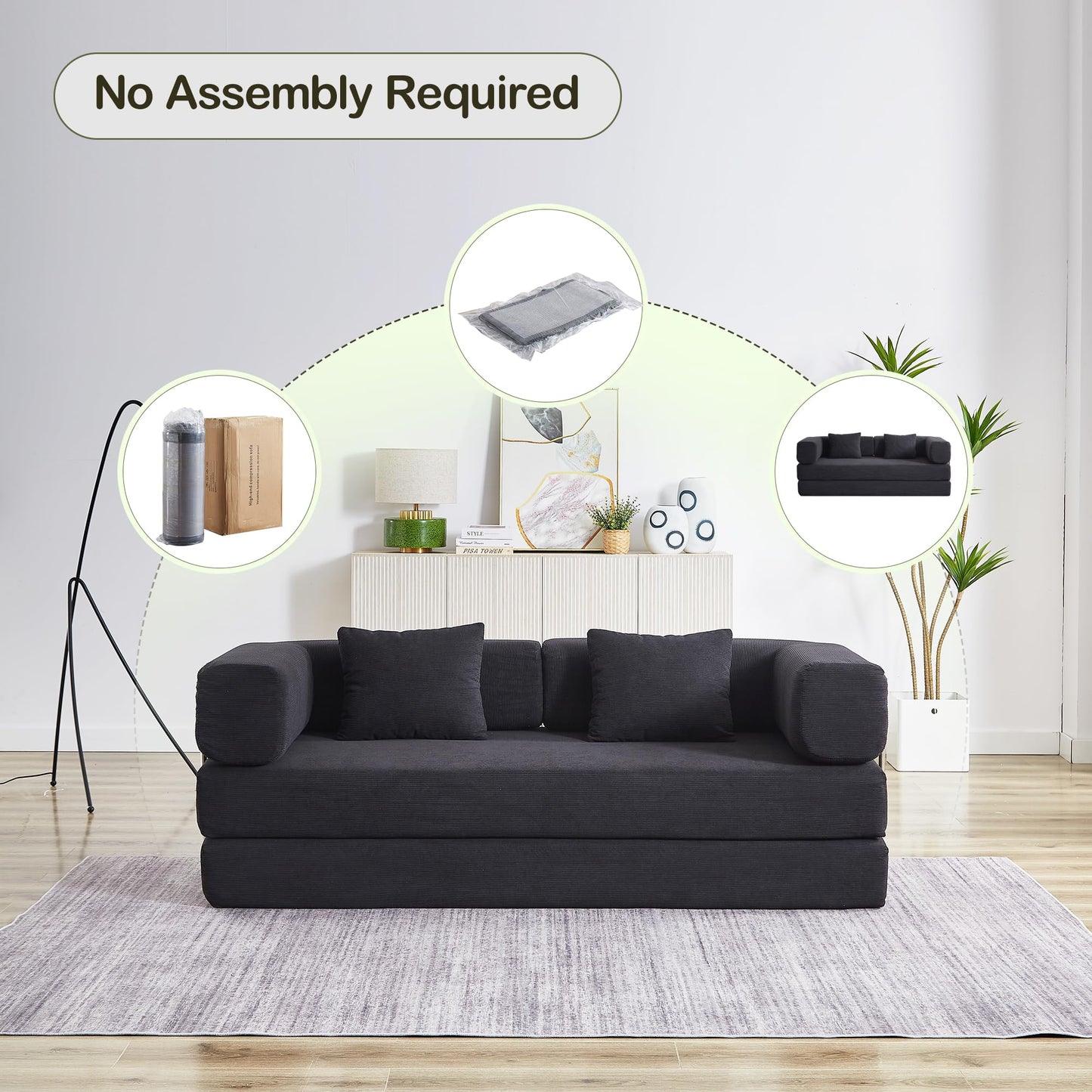 ZEIINPA Comfy Convertible Folding Mattress Couch, Floor Sofa Bed with Fixed-Shape Frame, Corduroy Floor Sofa with Armrest, Floor Sofa Lounge Couch for Living Room Bedroom Lounge Studio,Dark Black