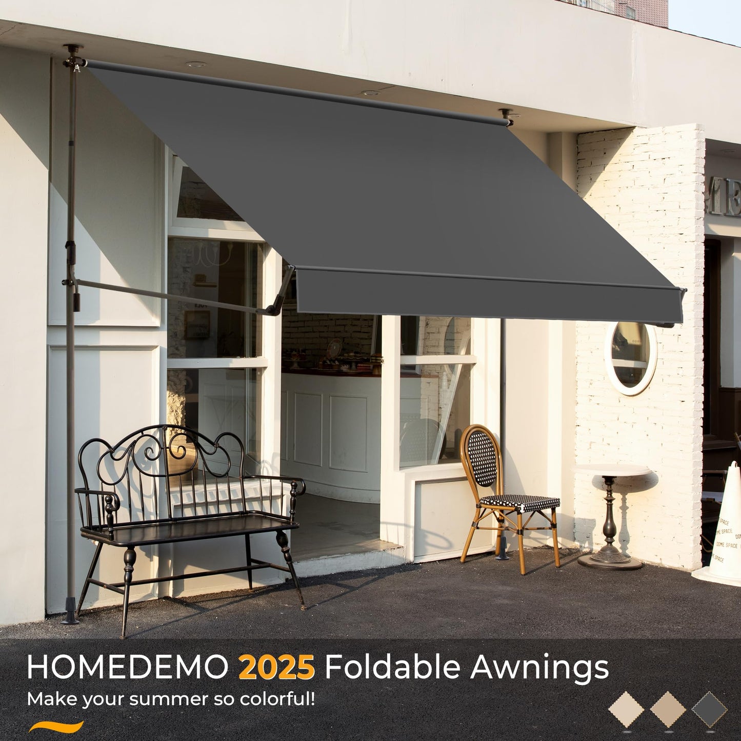 HOMEDEMO Manual Retractable Awning 118"x118" Foldable Side Bar 30°-180°,Outdoor Patio Awning Height Adjustable 82-118in Retractable Awning UV 50+ Protection,NO Drilling Awings for Backyard