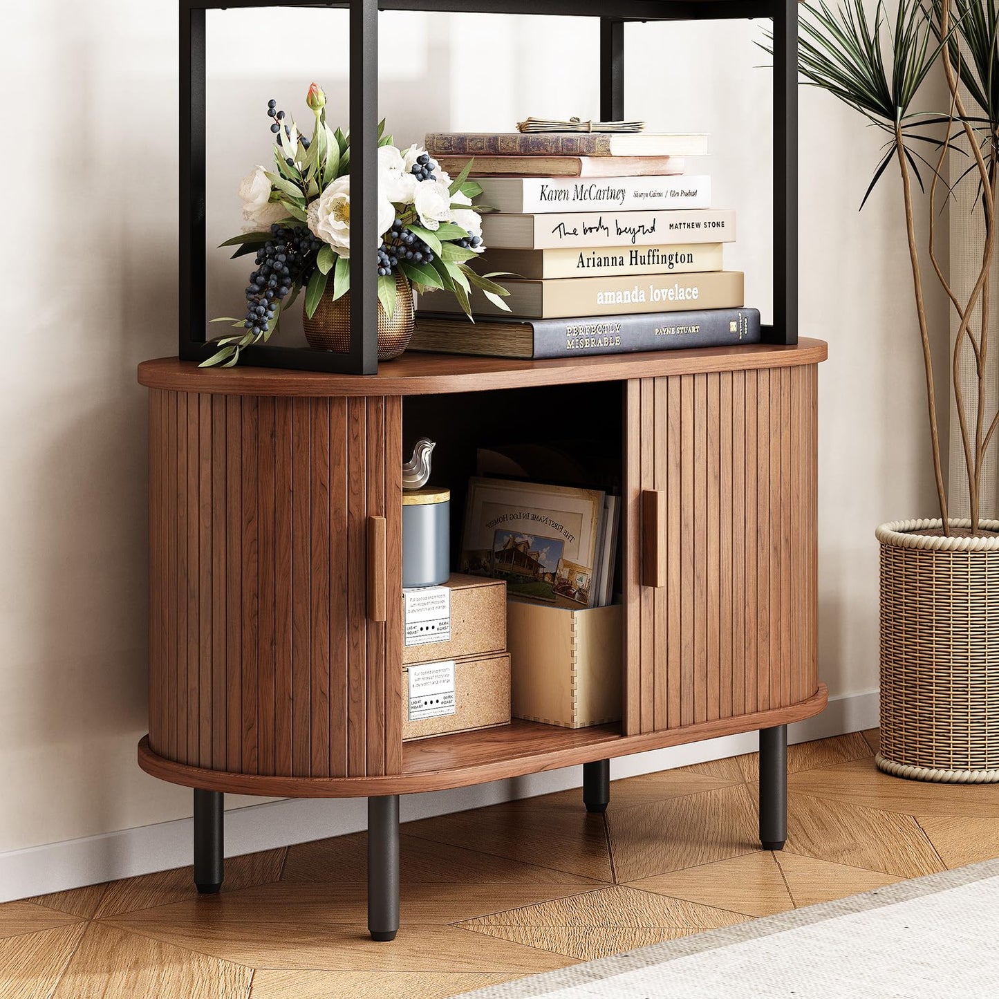 ONBRILL 71" Tall Bookshelf, 4-Tier Book Shelf with Storage Cabinet, Modern Bookcase with Sliding Door and Adjustable Footpad, Freestanding Storage Organizer Bookshelf for Living Room, Bedroom, Walnut