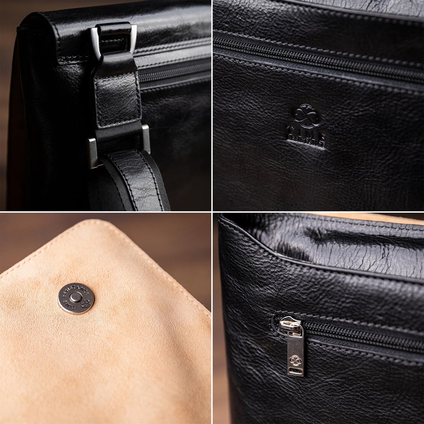 Time Resistance Leather Messenger Bag for Men - Crossbody Bag - Full Grain Leather - Tablet Sized Shoulder Bag (Black)