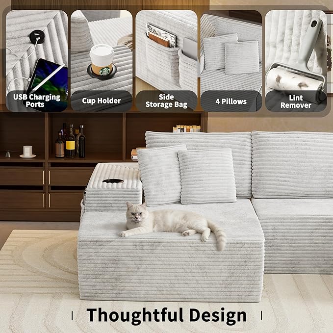Cibert 104.3" Modular Sectional Sofa with Ottoman, Beige Boneless Couch Left Facing Chaise U Shaped Couches with USB Ports, 2 Cup Holders, 2 Storage Bags & Lint Remover, No Assembly Sectional Couch