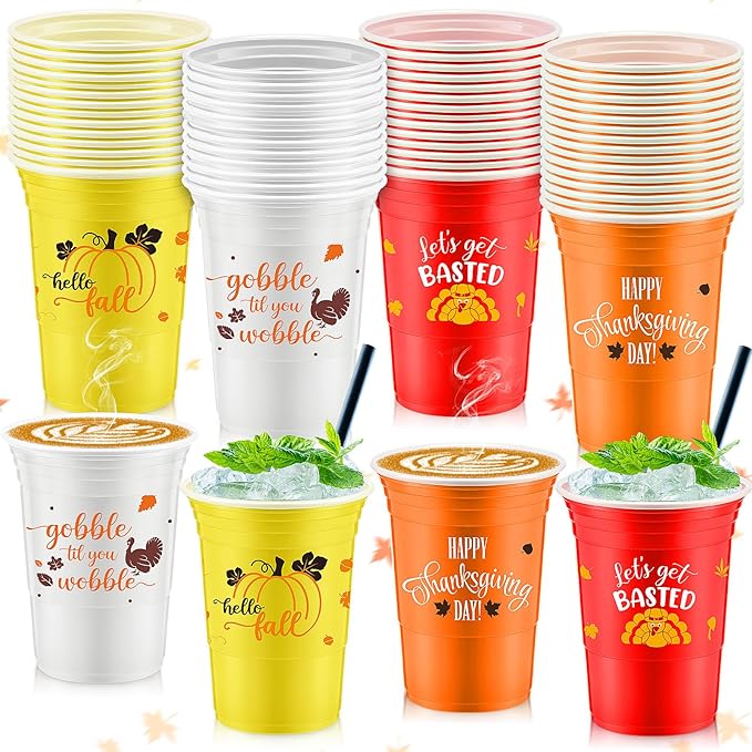 Uiifan 100 Pcs Thanksgiving Plastic Cups 16 oz Disposable Fall Party Cup Friendsgiving Plastic Stadium Cups Turkey Pumpkin...