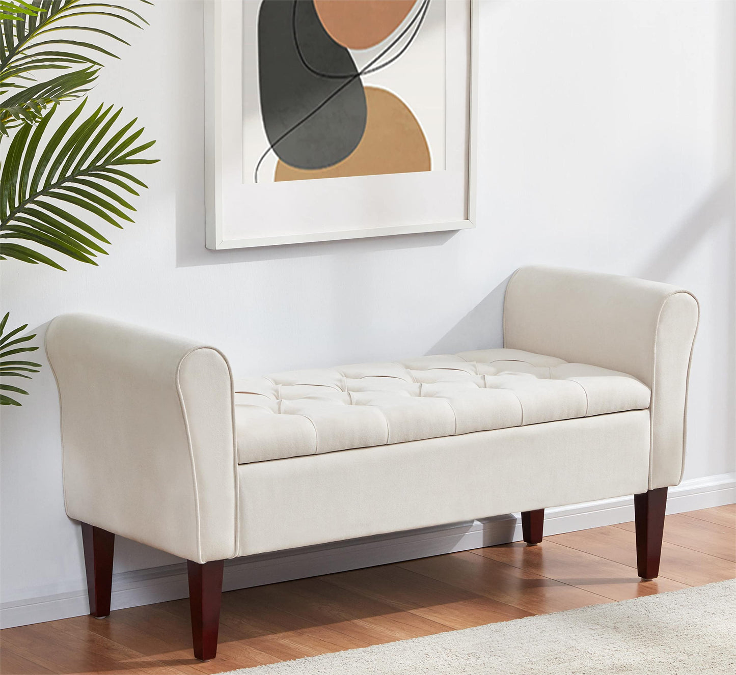 HUIMO 48" Arm Storage Ottoman with 7.5-inch Solid Wood Legs, Storage Bench, Upholstered Window Sitting Bench for Bedroom,End of Bed Bench Indoor, Livingroom, Entryway (Beige)