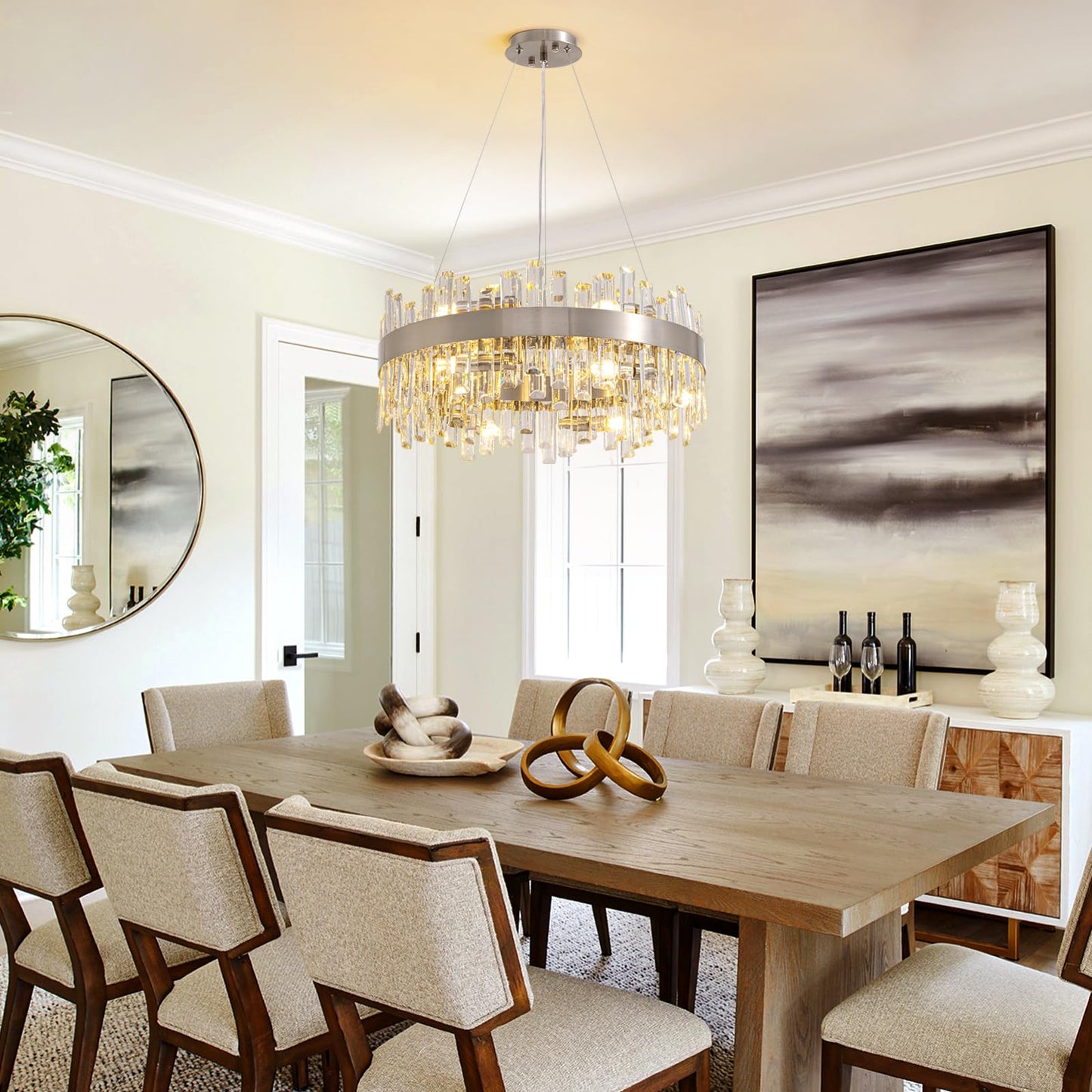Siljoy Modern Crystal Chandelier 12-Light Brushed Nickel Luxury 2-Tiers K9 Crystal Raindrop Chandelier Dimmable Crystal Ceiling Light for Dining Living Room Kitchen Entryway Foyer D23.6''