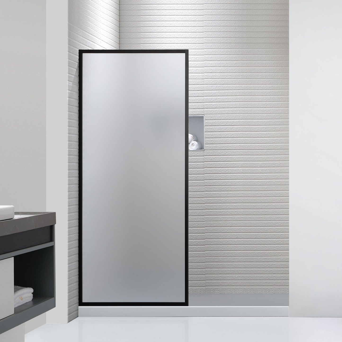 FELYL Frosted Shower Glass Panel 32" W x 74" H, Matte Black, Framed Fixed Glass Panel, 5/16" (8mm) SGCC Tempered Glass, Reversible Installation
