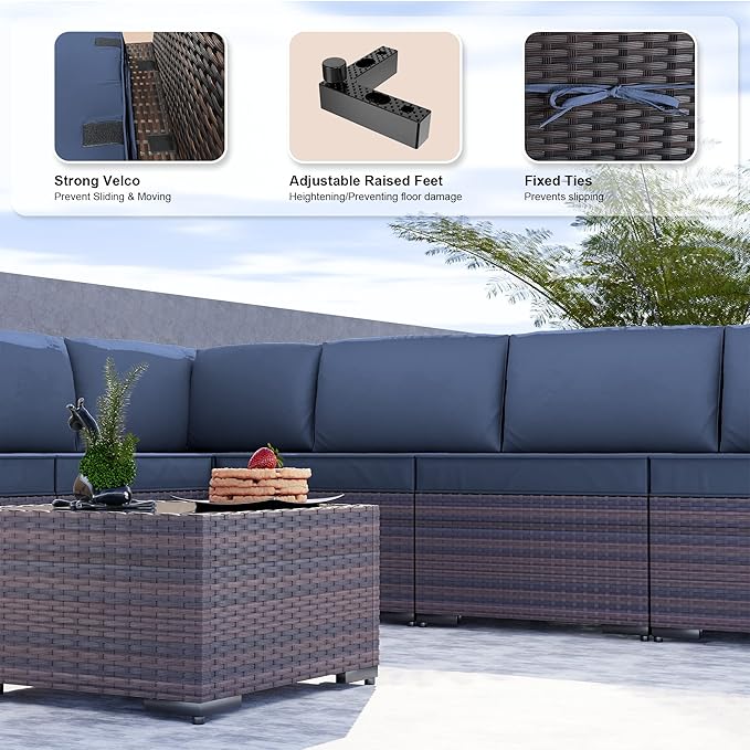 Kullavik 9PCS Outdoor Patio Furniture Set PE Wicker Rattan Sectional Sofa Patio Conversation Sets,Navy Blue