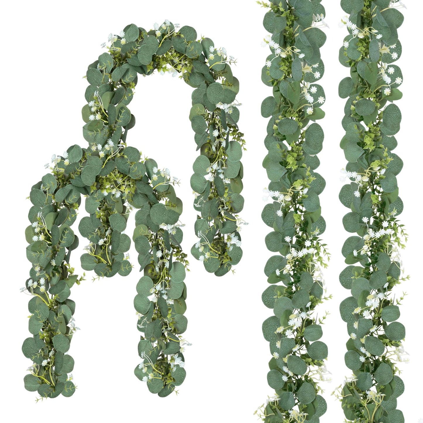 CQURE 4 Pack 5.9Ft Eucalyptus Garland,Artificial Eucalyptus Flowers Leaves Table Greenery Garland Wreath Vines for Wedding Party Table Fireplace Bedroom Wall Room Decor