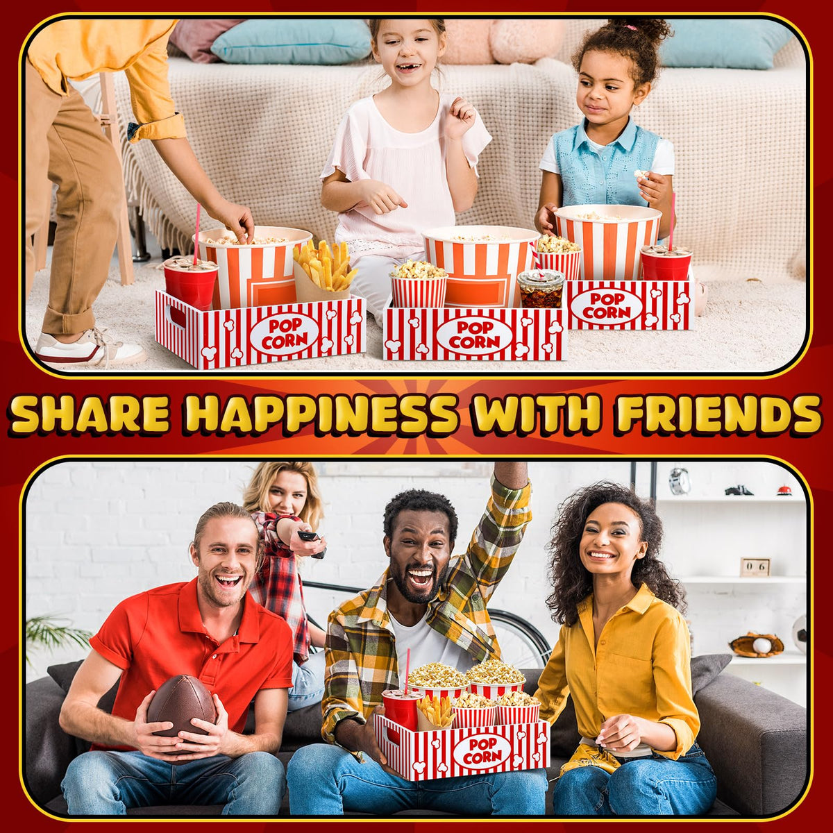 GlikCeil Movie Night Supplies Snack Trays with Handles Reusable Wooden Movie Gift Basket for Theater Popcorn Bucket Bowl Box Container Family Room Decor(Striped)