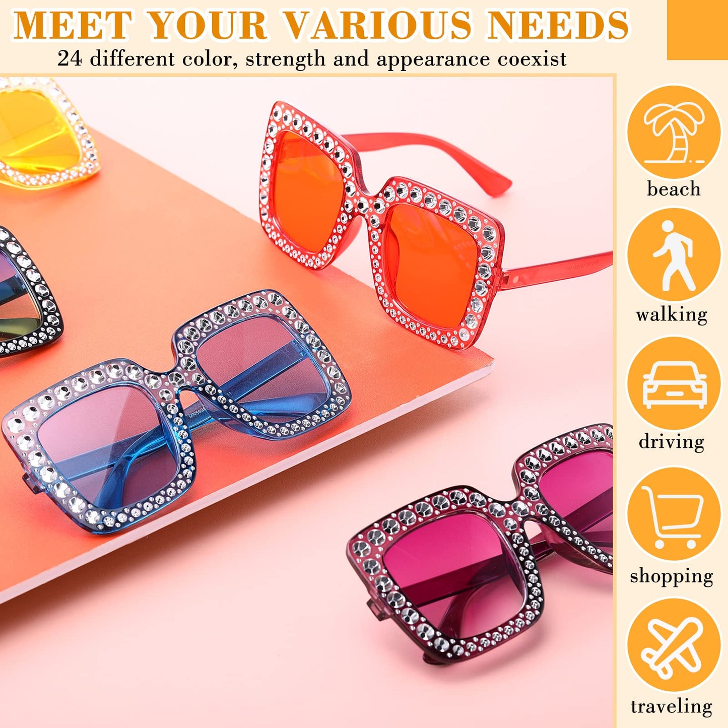 Chuangdi 24 Pcs Women Disco Sunglasses 70s Rhinestone Crystal Sunglasses Bulk Large Square Sparkling Glasses Thick Frame(Mixed Color)