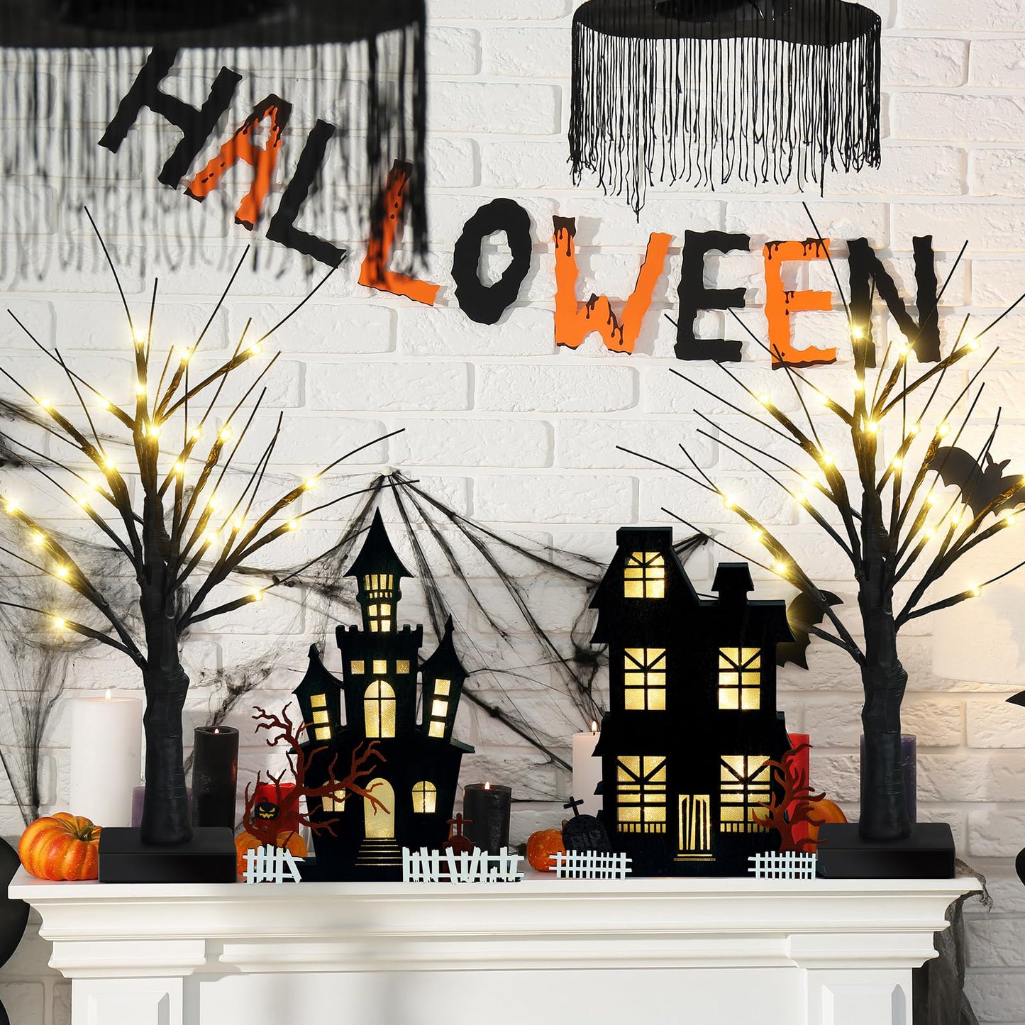 Cinnvoice 4 Pcs Halloween Table Decorations Indoor - 2 Lighted Wooden Haunted House Decor, 2 LED Birches Tree Decor - Battery Operated for Home Kitchen Ornaments