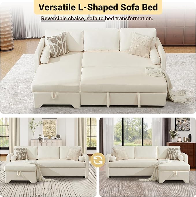 Tbfit 90.6'' 3 in 1 Sleeper Sofa Couch with Storage Chaise, Velvet Sofa Bed with Pull Out Bed, Convertible Sleeper Sofas for Living Room, Small Spaces, White