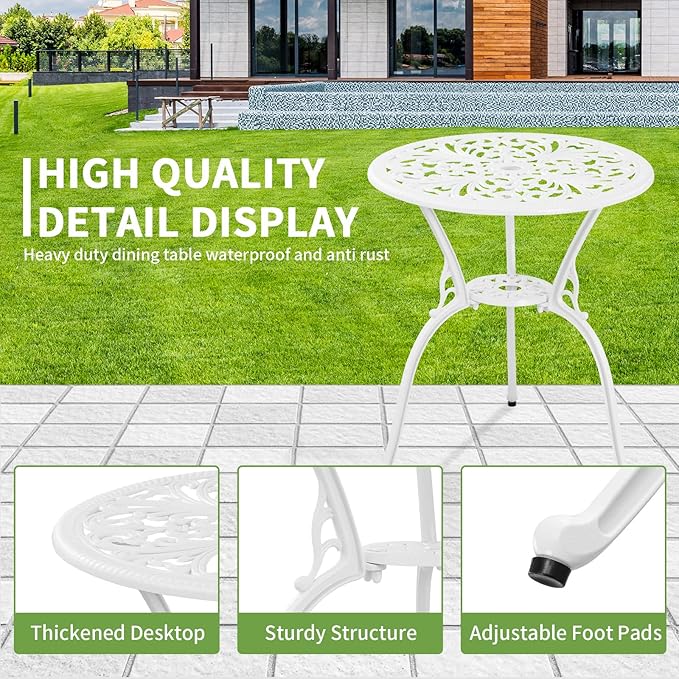 Withniture Patio Bistro Set 3 Piece Outdoor, All Weather Patio Furniture Bistro Table and Chairs Set of 2, Cast Alumium Bistro Table Set with Umbrella Hole for Garden Porch (Butterfly, White)
