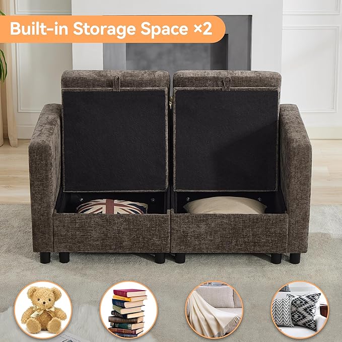 WUTUTUEE 58'' Modular Sectional Loveseat Sofa, Modern Love Seat 2 Seater Sofa Couch with Storage, Chenille Modular Sectional Couch for Living Room, Bedroom, Office, Small Apartment, Brown