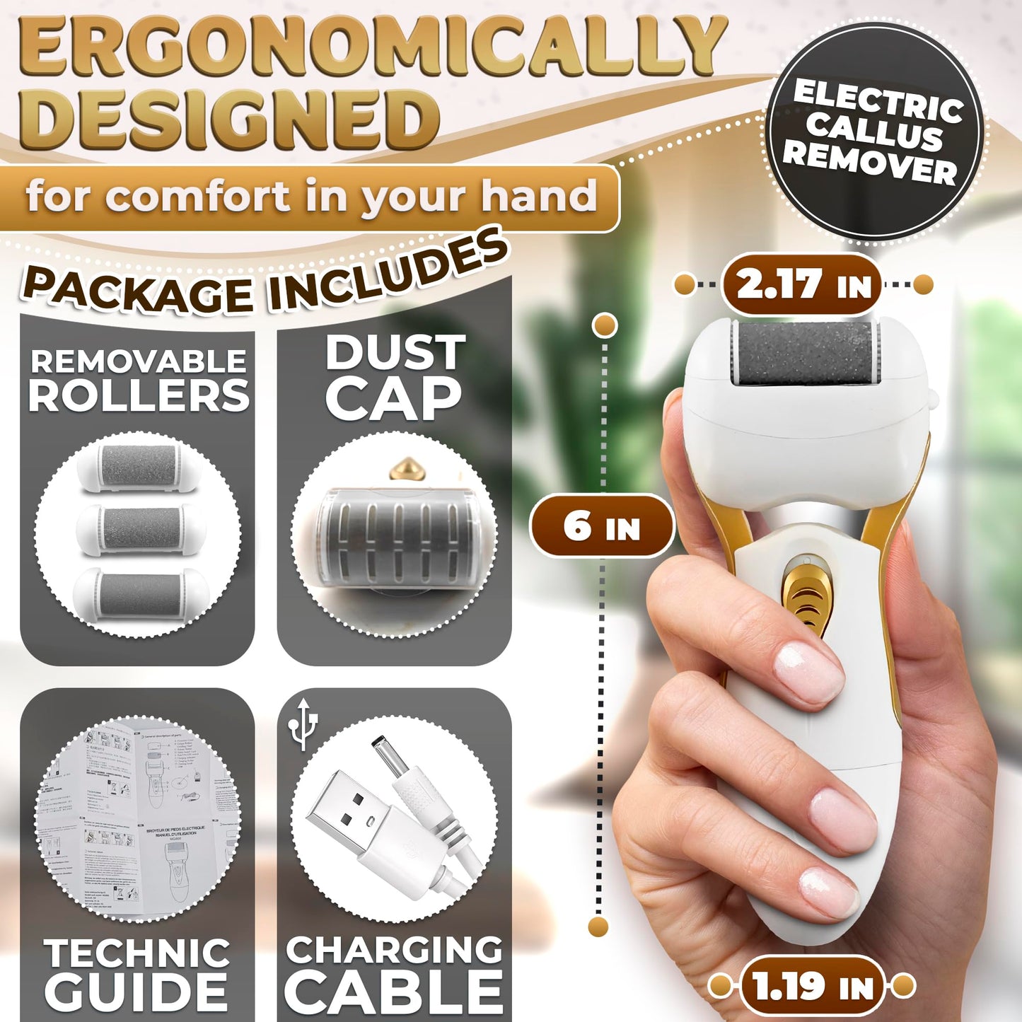 Electric Callus Remover for Feet - 5W Electric Foot Filer, 90-Min Runtime Foot Sander with Fast 2H Charge & 3 Replacement Roller