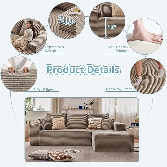 96" Cloud Sectional Couch with L-Shape Chaise, Modern Corduroy Boneless Couch for Living Room,Memory Foam Sofa with Deep Seat,No Assembly Required (Camel,Right-Facing Chaise)
