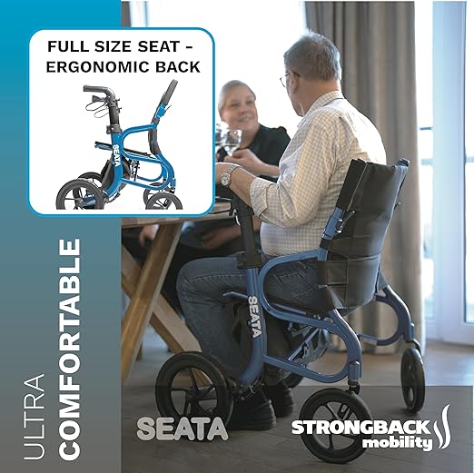 Strongback Mobility Seata Rollator Walker with Seat for Seniors - Lightweight Foldable Adult Mobility Aid with Wheels and Brakes, Ergonomic Back Support, Adjustable Height, 19.6" Width, 300lb Capacity