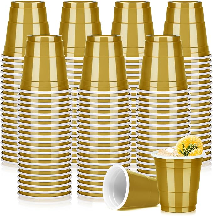 Pineburg 200Pack 2oz Mardi Gras Plastic Shot Cups, Gold Plastic Shot Glasses, Mini Disposable Cups for Parties Valentine's...