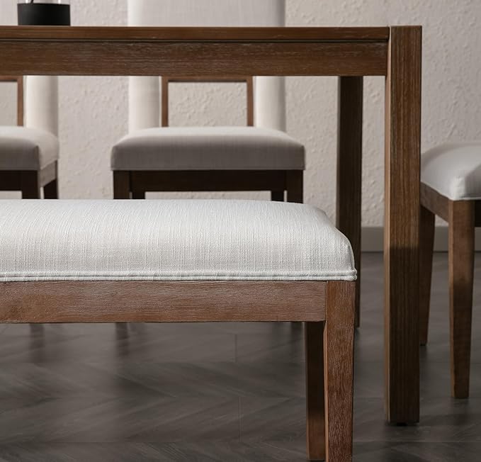 DM Furniture Linen Dining Bench Upholstered Entryway Bench Farmhouse Shoe Bench Seat Ottoman for Hallway Living Room Bedroom End of Bed Dining Room Kitchen, 45.5" Long, Beige