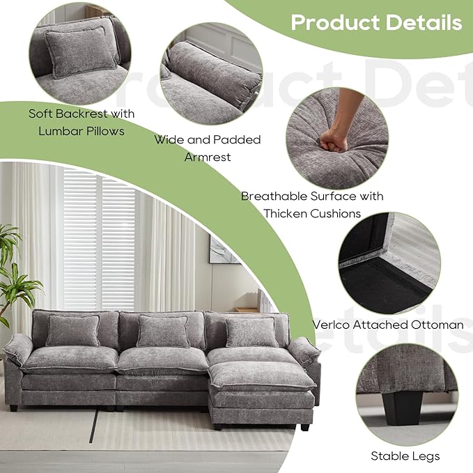 Oprisen 120" Modular Sectional Sofa, Comfy Cloud Couch Sectional Sofa with Ottoman, Chenille Sofa Sleeper Deep Seat Sofa with Throw Pillows for Living Room (Light Gray, 120"- L Shape)
