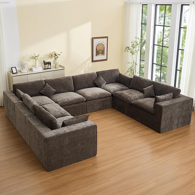 155''Cloud Boneless Sectional Couch, Modular Sectional Sofa Deep Seat, Oversized Upholstered Convertible Comfy 8 Seater Chenille Memory Foam Sofa U Shape Couches for Living Room, Brown