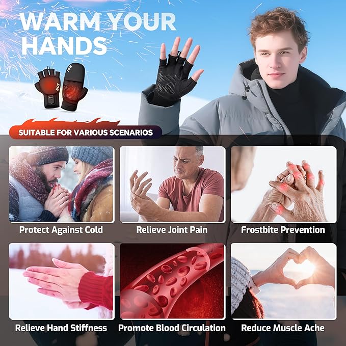 Heated Gloves for Men Women- Rechargeable Electric Full&Half Hands Heated Gloves Outdoor Work Arthritis Pain Relief Hot Compress Hand Warmers for Cycling Skiing Hunting