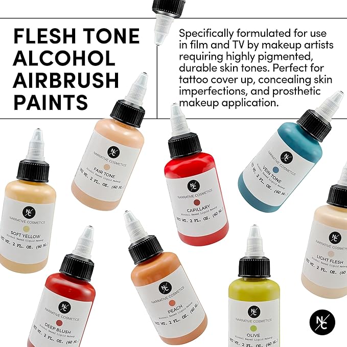 Narrative Cosmetics Flesh Tone Alcohol Airbrush Paints - 2 fl oz, Skin Safe, Quick Dry, Waterproof, Sweatproof, Transferproof Liquid Makeup for Tattoo Cover-Up, Bodypainting, FX Makeup - Hazelnut