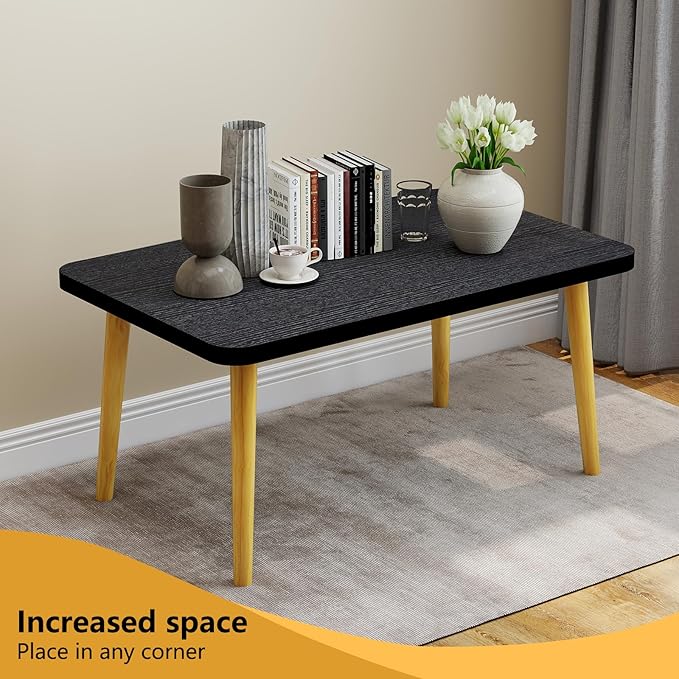 Funecy Coffee Table Low Table with Solid Wood Sturdy Legs, Floor Table Desk for Sitting on The Floor, Storage and Living Room Furniture (Black-Square)