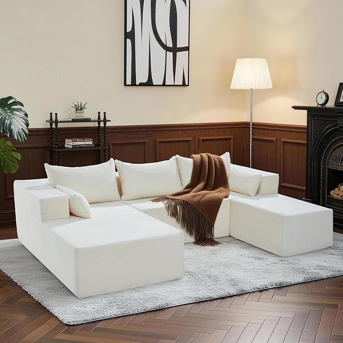 106" Cloud Sectional Boneless Couches for Living Room, Modular U Shaped Couch with Deep Seat, Removable Ottoman, Memory Foam Compressed Spineless 4 Seater Sofa for Bedroom Apartment, Beige